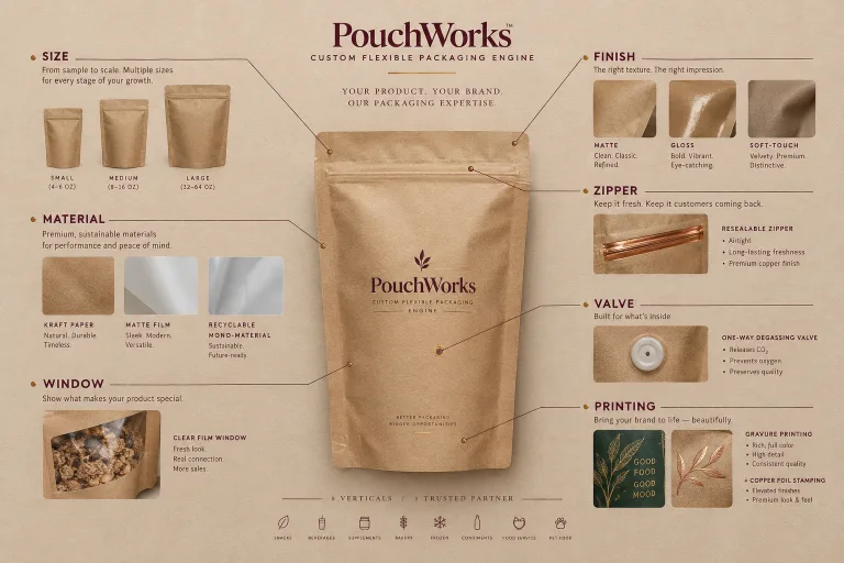PouchWorks customization diagram - size, material, window, zipper, valve, finish and printing options labeled on a kraft stand-up pouch