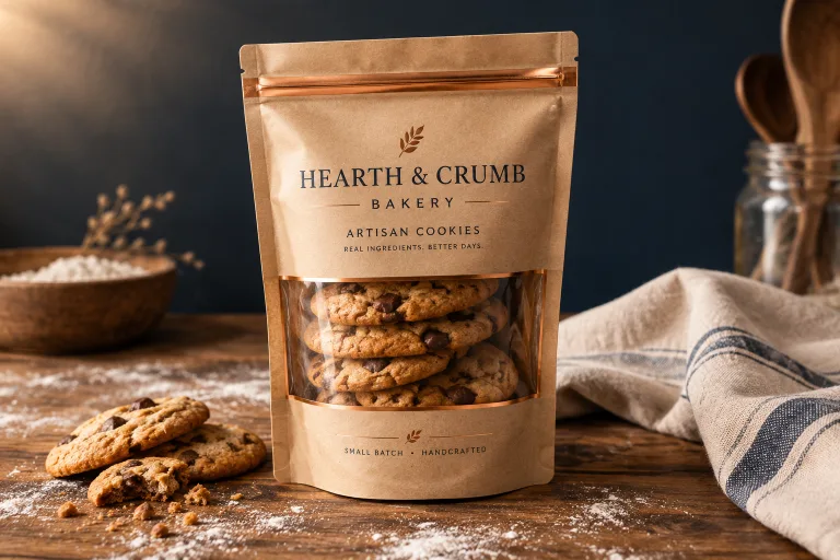 Custom kraft bakery pouch styled with fresh-baked cookies