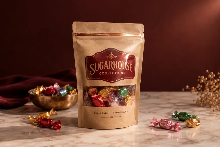 Custom candy pouch with an oxblood foil-stamped label and a clear window over wrapped confections