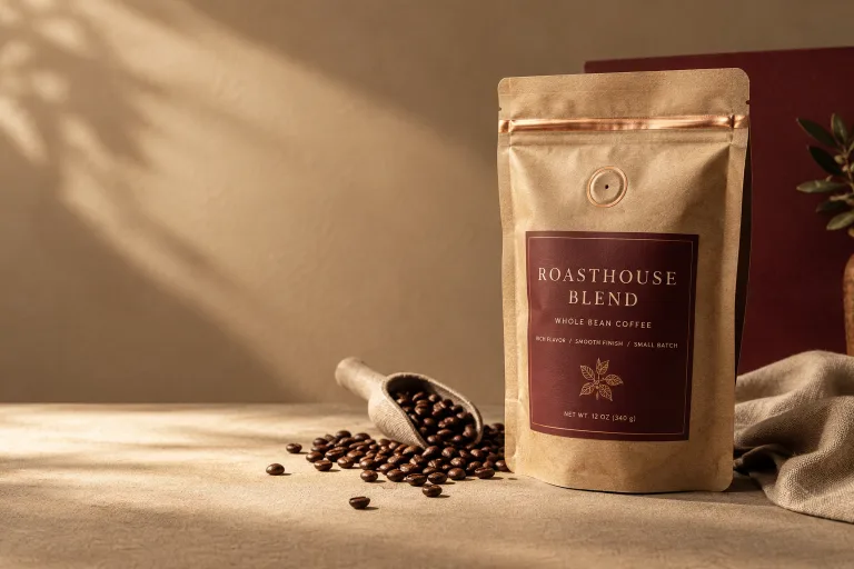 Custom kraft coffee pouch with a copper degassing valve and an oxblood label, beside roasted beans