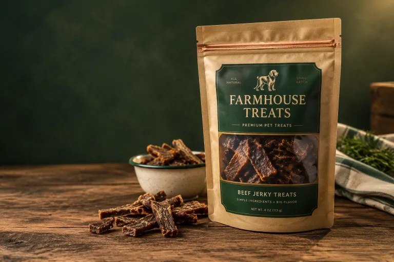 Kraft pet-treat pouch with a copper zipper and a forest-green label, a window showing jerky treats, on a rustic table