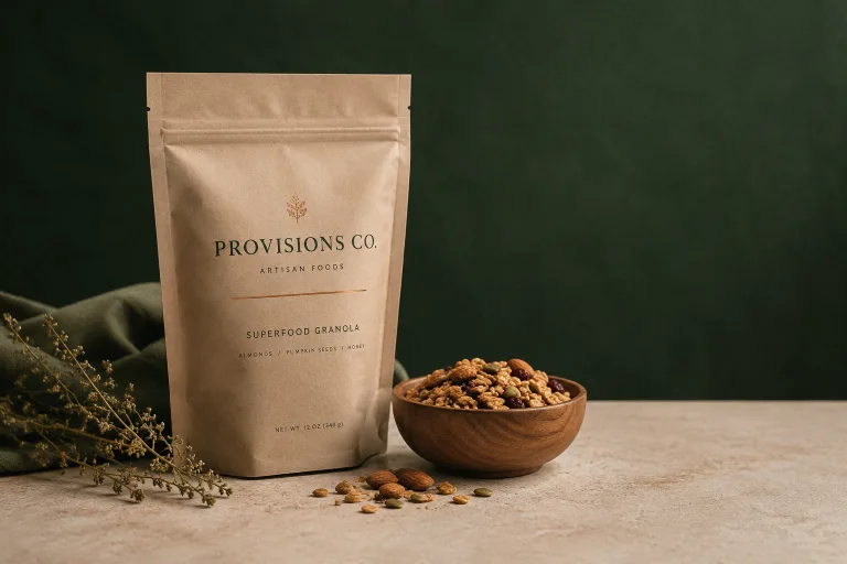 Minimal kraft granola pouch printed in forest green and copper, beside a bowl of granola against a deep green backdrop