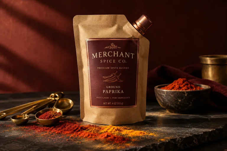 Kraft spouted spice pouch with a copper cap and an oxblood label, beside brass measuring spoons and ground paprika