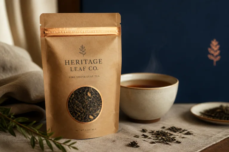 Kraft tea pouch with a copper zipper and a clear window over loose leaf, styled against a deep navy backdrop