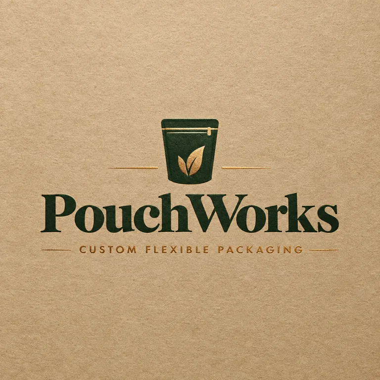 The PouchWorks mark debossed in forest green and gold foil on kraft paper