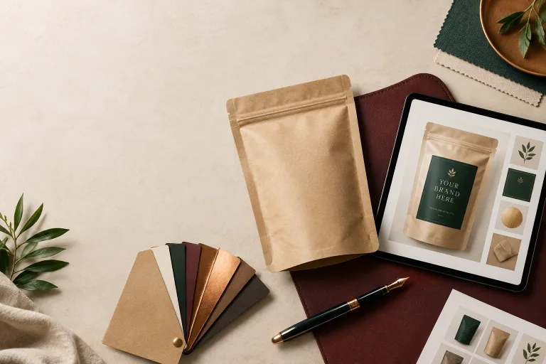 A blank kraft pouch, a fan of foil-finish material swatches and a tablet showing a branded pouch mockup, styled on a studio desk