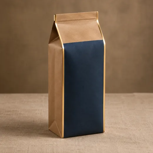Tall kraft box pouch with a navy front panel, gold-foiled edge seals and a folded top, standing square on linen