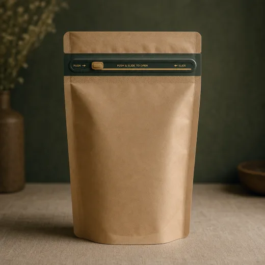 Kraft stand-up pouch fitted with a forest-green push-and-slide child-resistant zipper reading "push and slide to open" in gold