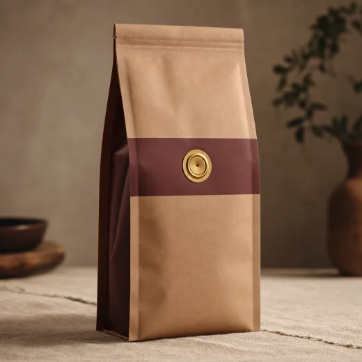 Kraft side-gusseted coffee bag with an oxblood band and a brushed-gold one-way degassing valve set into the front panel