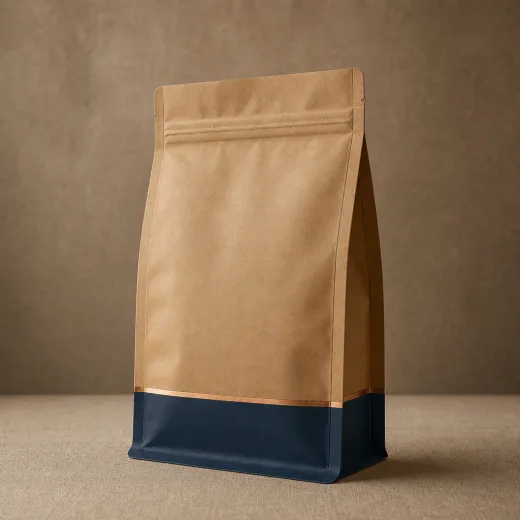Kraft flat-bottom pouch with a navy base panel divided by a copper rule and a press-to-close zipper across the top, squared on its own base