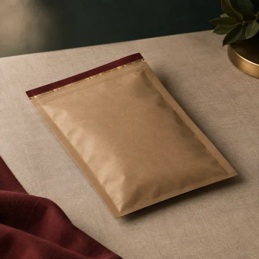 Kraft three-side-seal flat pouch lying flat on linen, sealed along an oxblood top band, beside a brass dish