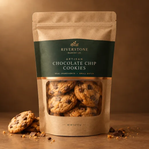 Kraft bakery pouch with a forest-green label and a copper-edged window showing chocolate chip cookies, with two cookies and crumbs resting alongside