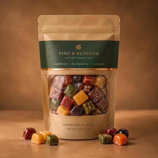 Kraft confectionery pouch with a forest-green label and a clear window showing jewel-toned fruit chews, with loose candies scattered at its base