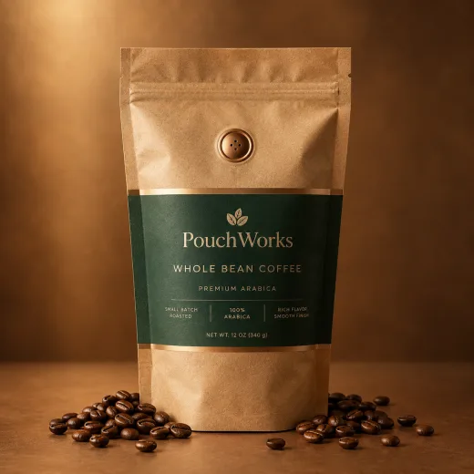 Kraft coffee pouch with a forest-green PouchWorks label and a copper one-way degassing valve, standing in a scatter of dark roasted beans