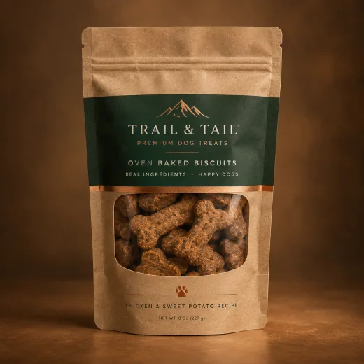 Kraft pet treat pouch with a forest-green label and a wide clear window showing bone-shaped biscuits, finished with a copper rule and a paw-print mark
