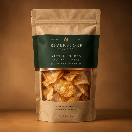 Kraft snack pouch with a forest-green label and a copper-edged clear window showing kettle-cooked potato chips