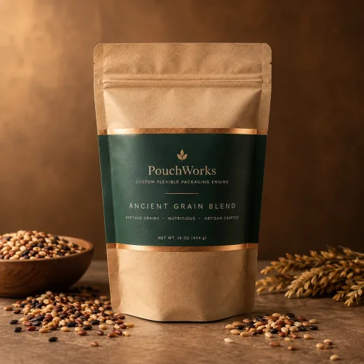 Kraft specialty food pouch with a forest-green PouchWorks label in gold, standing between a wooden bowl of mixed ancient grains and a sheaf of dried wheat
