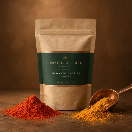 Kraft spice pouch with a forest-green label edged in copper, flanked by a mound of red paprika and a brass scoop of golden turmeric