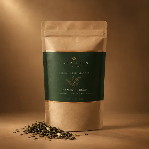 Kraft tea pouch with a forest-green label in gold lettering, standing beside a spill of curled loose-leaf green tea and jasmine buds