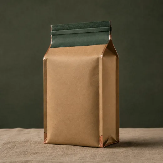 Kraft quad-seal pouch with copper-foiled seals running all four vertical corners and a forest-green tin-tie closure