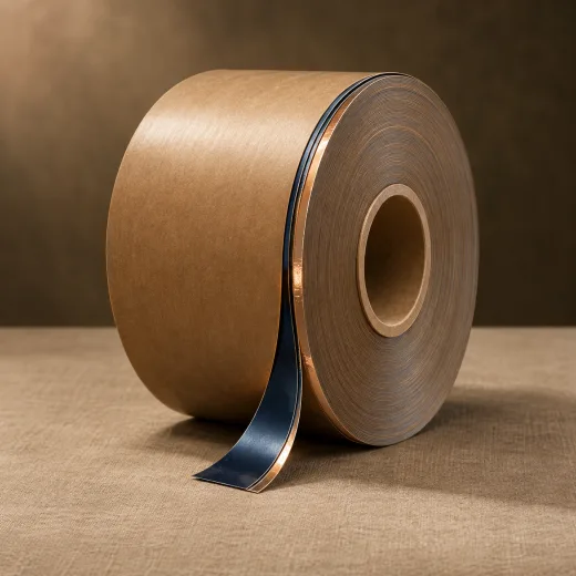 Roll of printed kraft laminate film on a core, the navy and copper printed face tailing off the roll onto linen