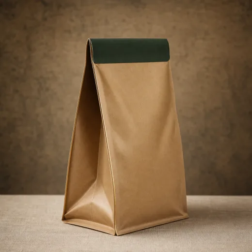 Tall kraft side-gusseted bag with the side fold in full view and a forest-green fold-over top, lit warm against a bronze backdrop