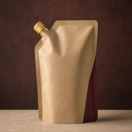 Kraft spouted pouch with a brushed-gold screw cap at the shoulder and an oxblood gusset, against a deep oxblood backdrop
