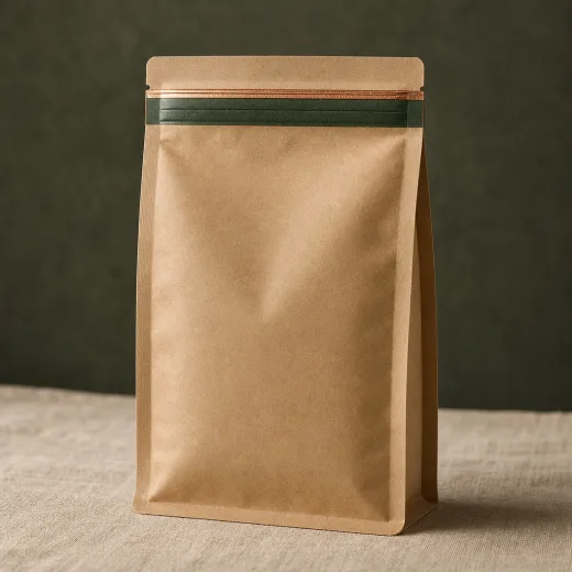 Kraft stand-up pouch with a squared base and a forest-green press-to-close zipper edged in copper, standing on linen against a deep green wall