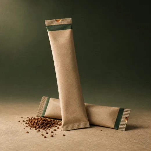 Three kraft stick packs banded in forest green with a copper tear notch, one standing and two lying beside a spill of ground powder