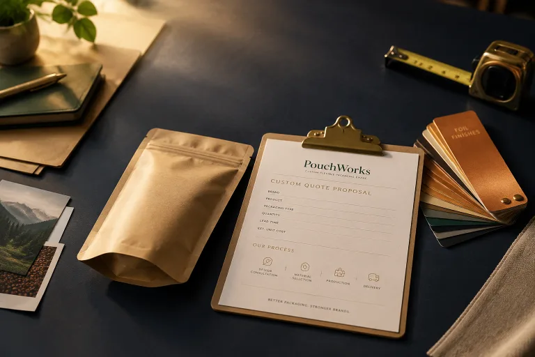 A blank kraft pouch beside a clipboard holding a PouchWorks custom quote proposal and a fan of foil-finish material swatches, styled on a studio desk